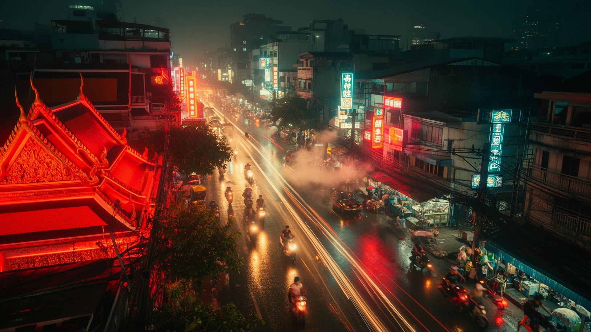 Neon-lit Asian street alive with movement and rain