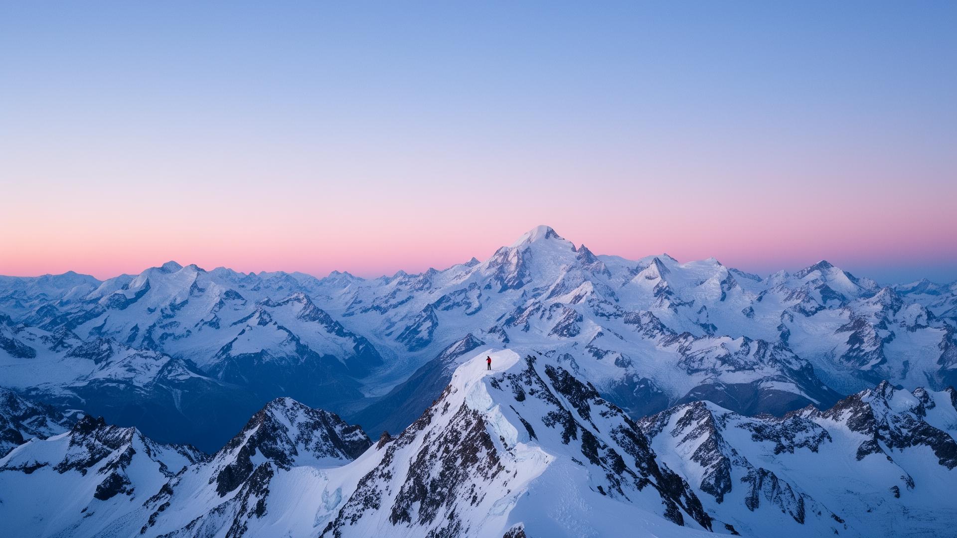 A vast mountain landscape under cold morning light
