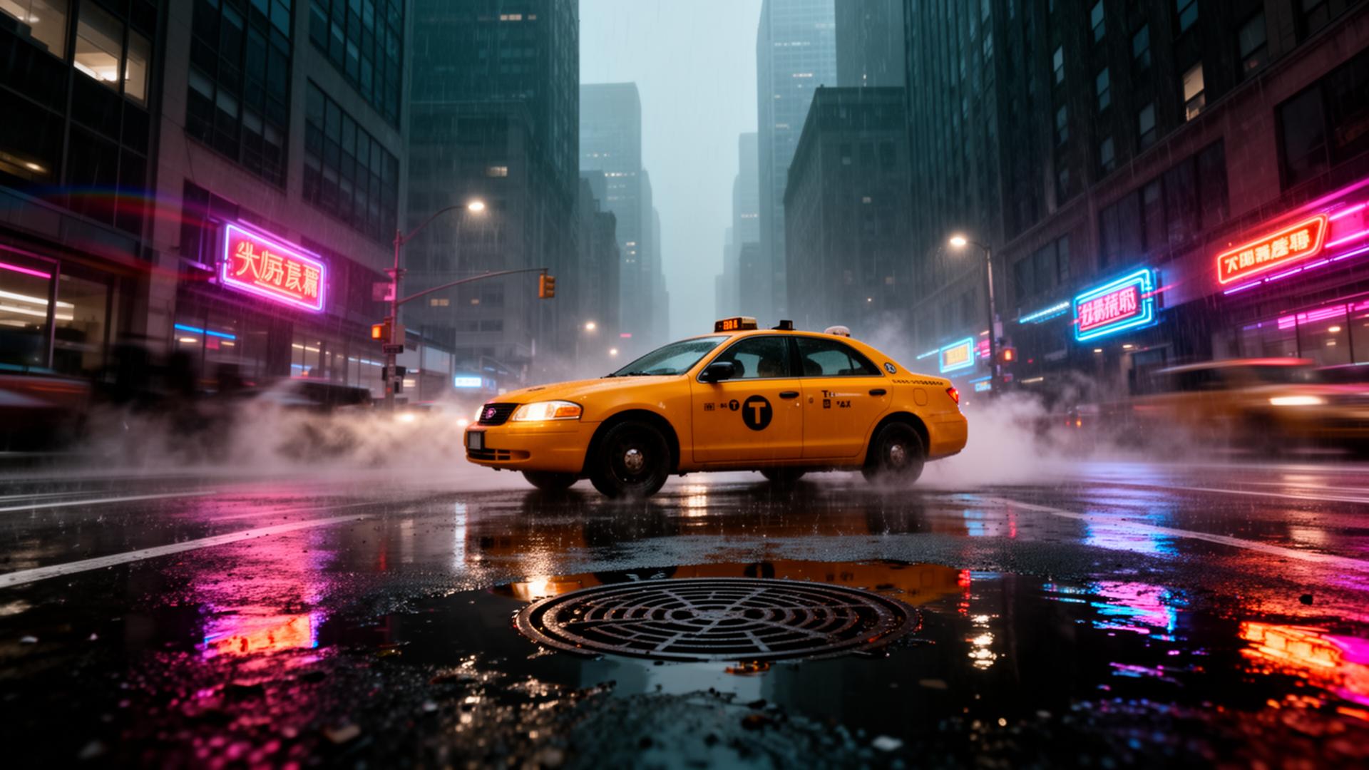 A glowing city at night, motion blurring through streets