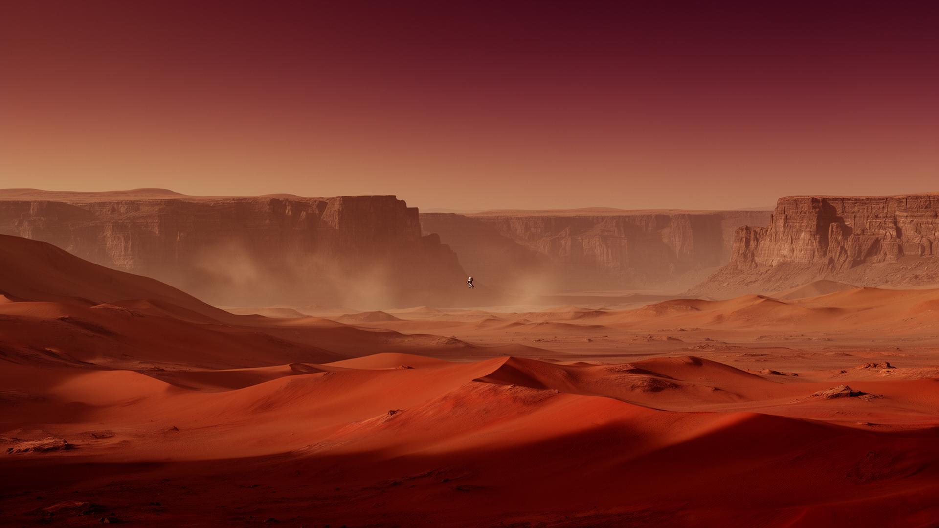 Vast Martian dunes at dusk with a distant lone figure